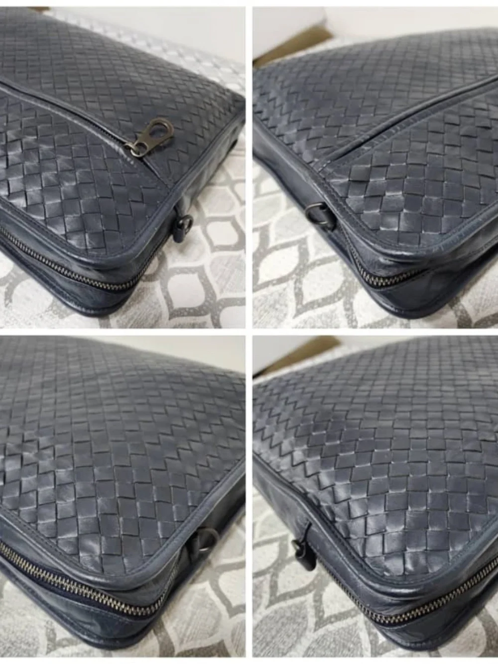 Authentic Bottega Veneta Intrecciato Top Zip Briefcase Navy Blue